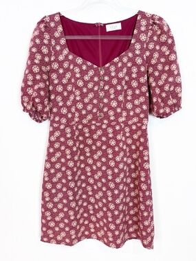 SAGE THE LABEL BURGUNDY CREAM FLORAL SHORT PUFF SLEEVE MINI DRESS SZ SMALL